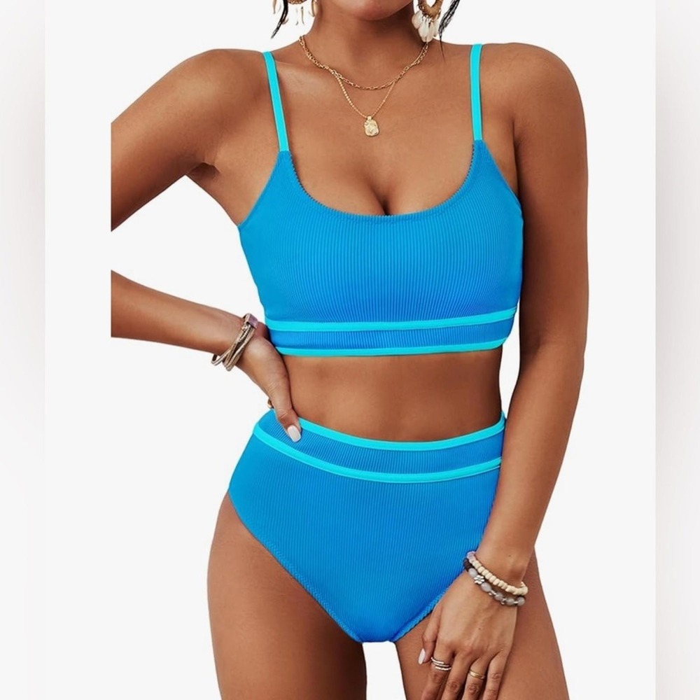 NWT BMJL Size S Teal Textured Ribbed Bikini W Scoop Neck Top & High Waist Bottom